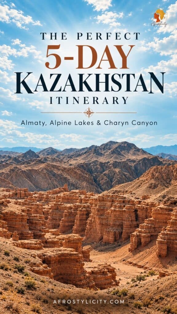 Charyn Canyon rock formations and mountains on a Pinterest pin for a five-day Kazakhstan itinerary featuring Almaty, alpine lakes, and Charyn Canyon.