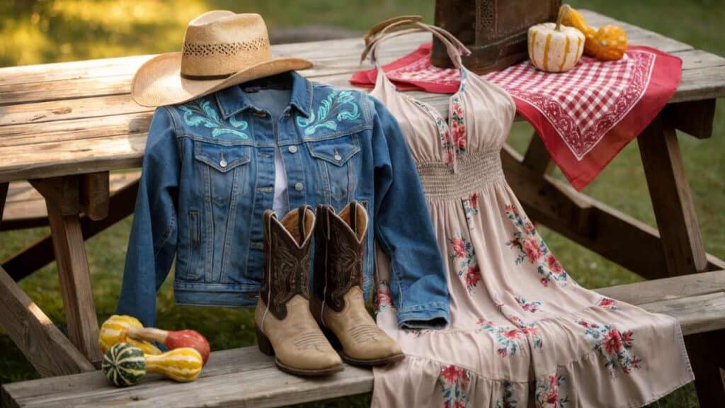 denim, and floral combination outfit 