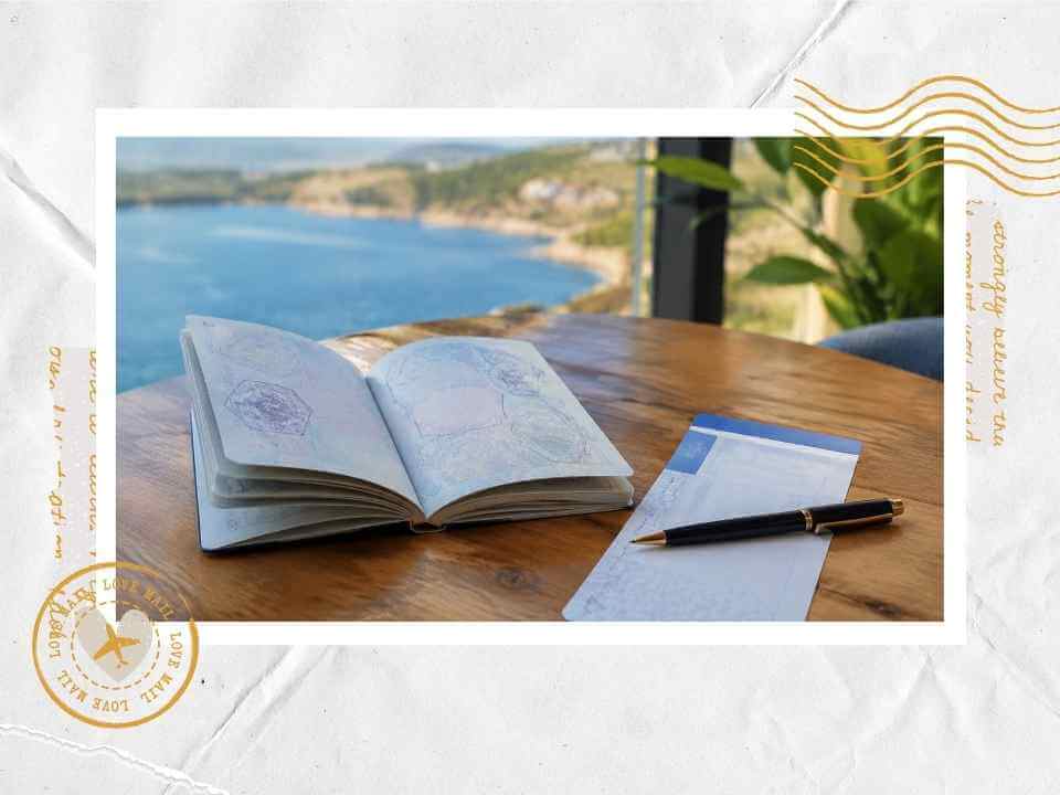 Open passport and boarding pass on a wooden table overlooking the ocean