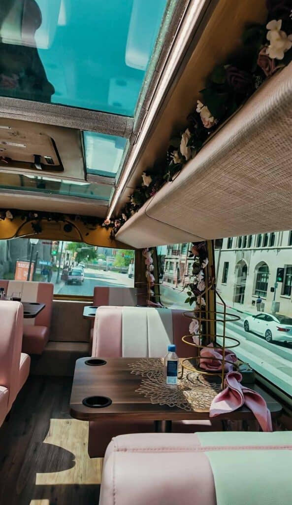 interior of pink bus