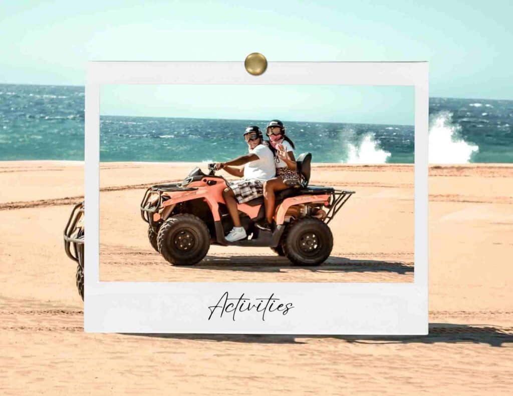 Couple riding an ATV on a tropical beach representing travel activities tours and local experiences