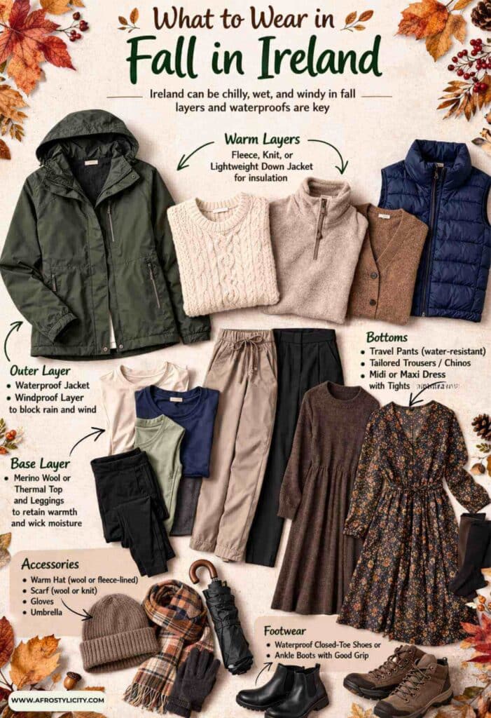 What to wear in Ireland in fall with waterproof jacket knit sweaters long pants dresses with tights and ankle boots