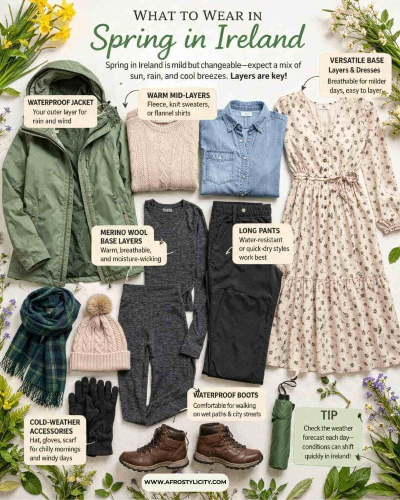 What to wear in Ireland in spring with waterproof jacket merino wool base layers long pants scarf gloves and boots