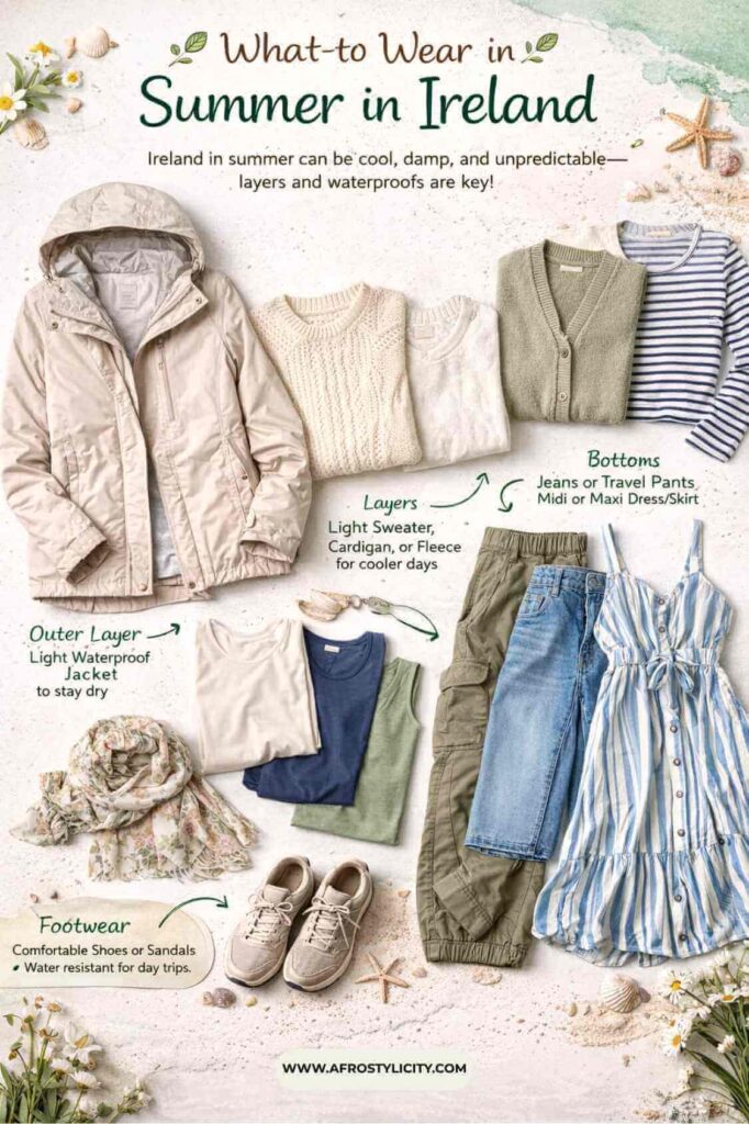 What to wear in Ireland summer outfits with neutral tones light waterproof jacket breathable tops midi dress and walking shoes