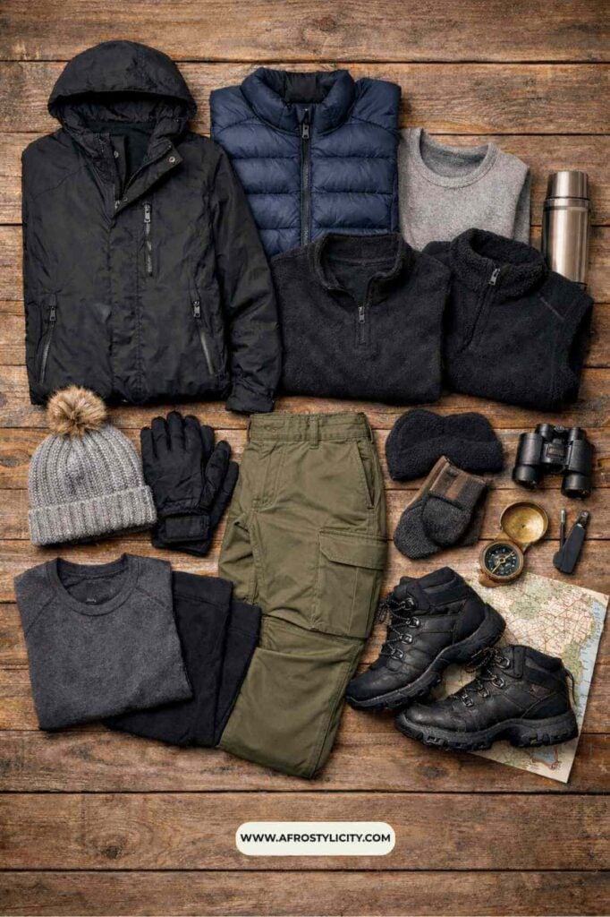 flat lay of  cold weather outfits with waterproof jacket fleece sweaters thermal layers warm pants and hiking boots