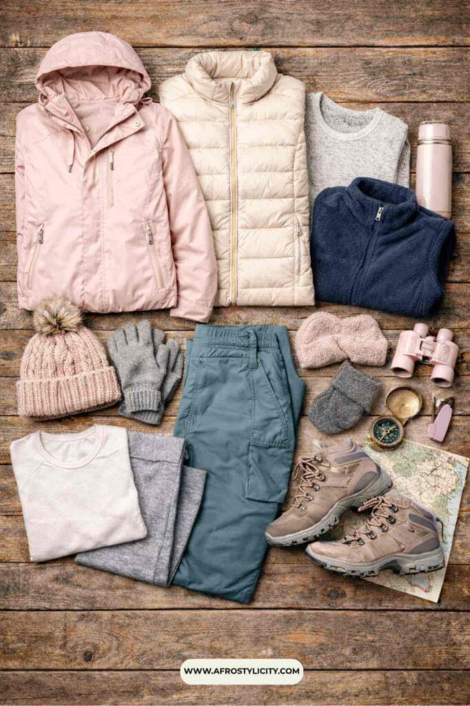 flat lay of winter outfits with insulated jackets fleece layers warm pants gloves hat and waterproof boots