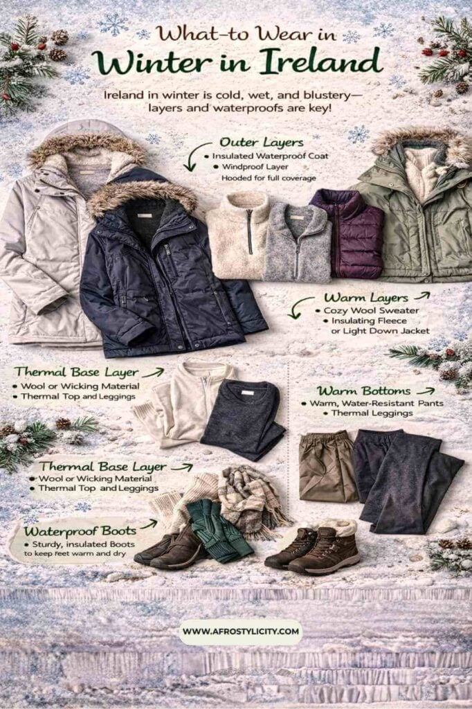 flat lay image of winter outfits with insulated jackets fleece layers warm pants gloves hat and waterproof boots