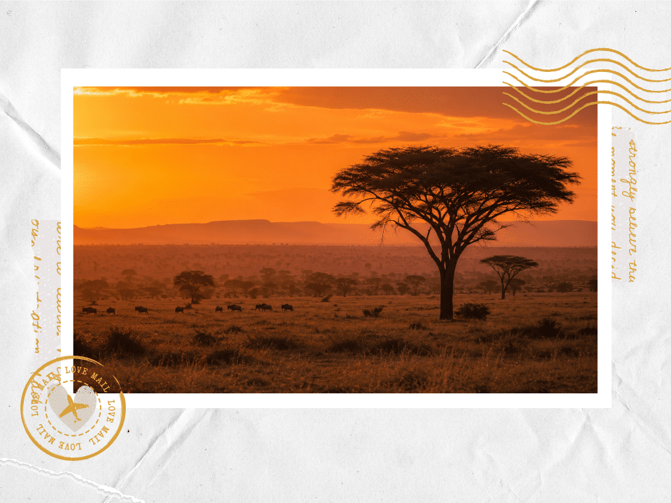 African savanna at sunset with an acacia tree silhouette