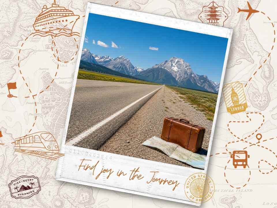 Open road leading toward snow-capped mountains with vintage suitcase