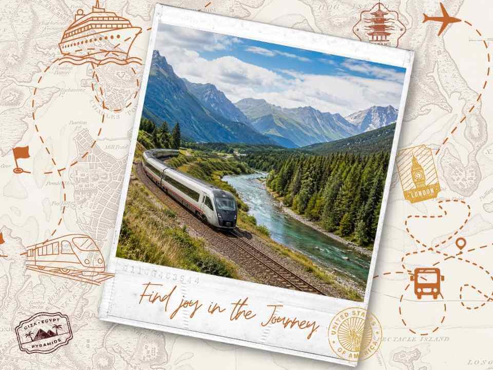 Train traveling through a mountain valley alongside a river