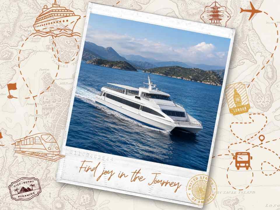 Boat cruising past a scenic island coastline