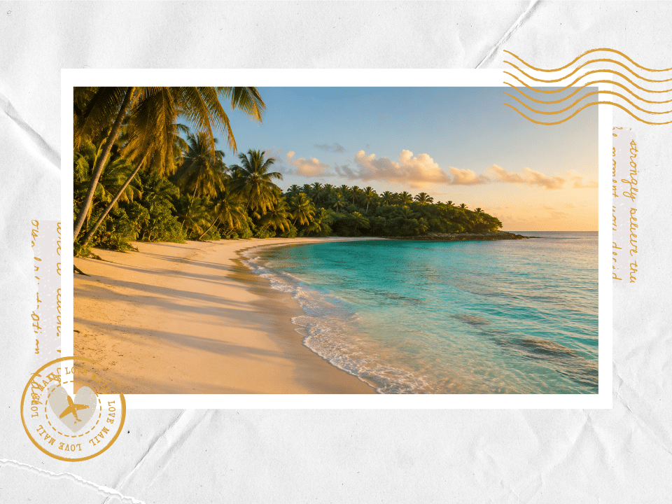 Turquoise beach cove lined with palm trees in the Caribbean