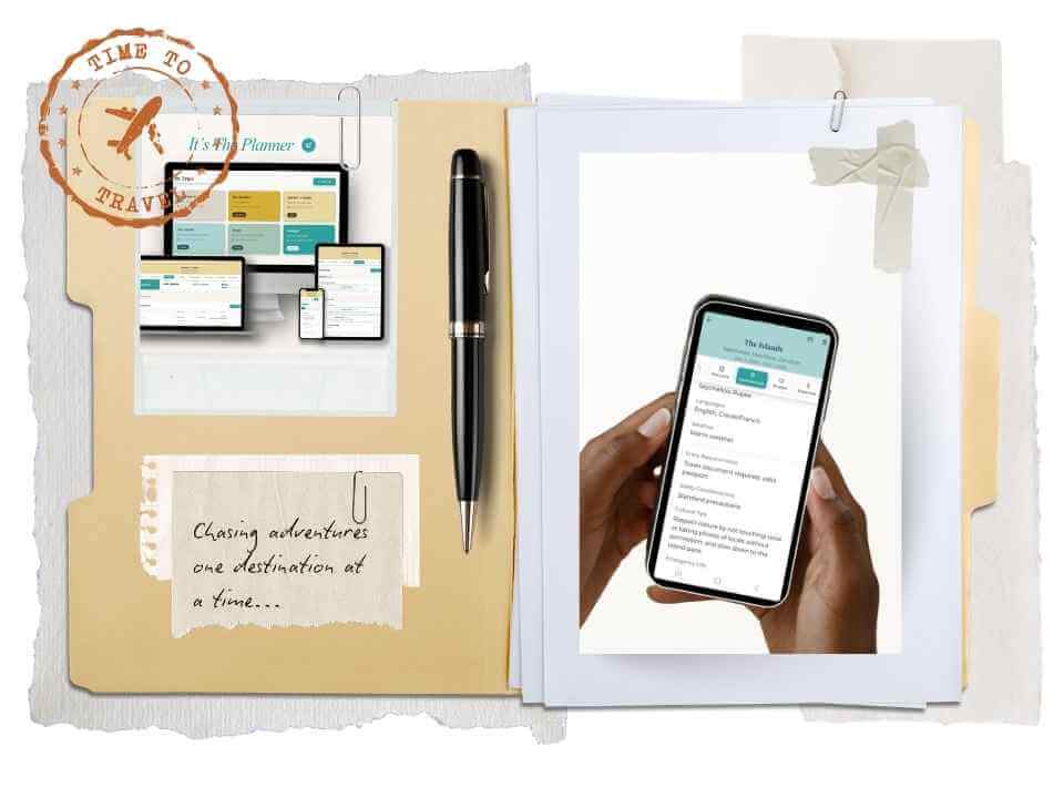 It's The Planner app shown on laptop, tablet, and phone with itinerary details