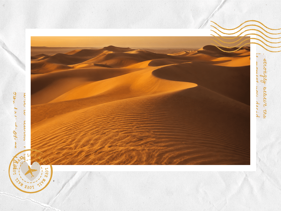 Golden desert dunes at sunset in the Middle East