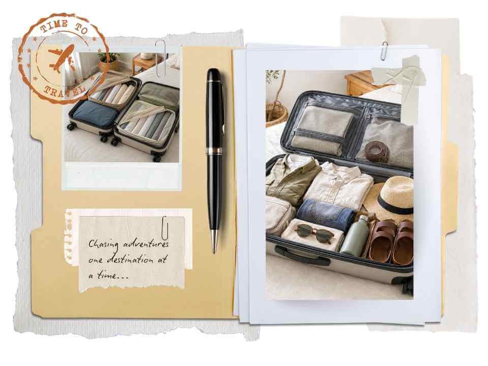 Open suitcase neatly packed with folded clothes and travel essentials