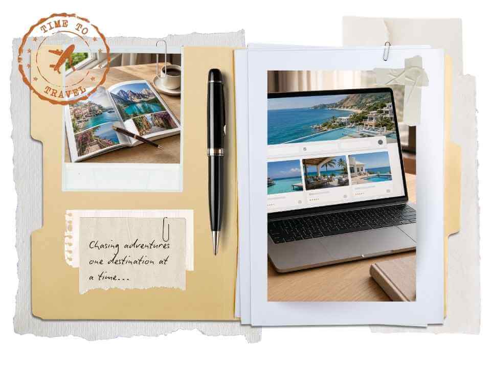 Laptop displaying travel recommendations beside an ocean view photo album