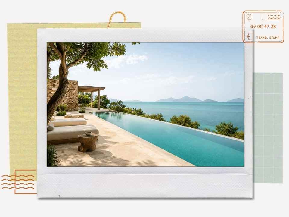 Infinity pool overlooking the ocean with lounge seating