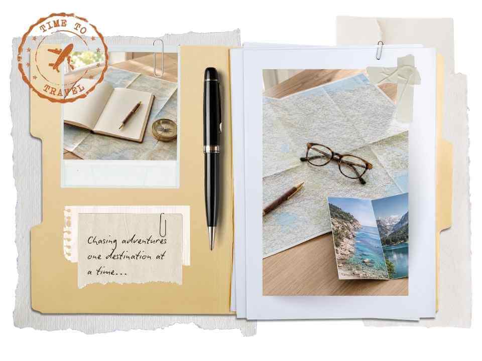 Map, glasses, and travel photos laid out on a wooden table