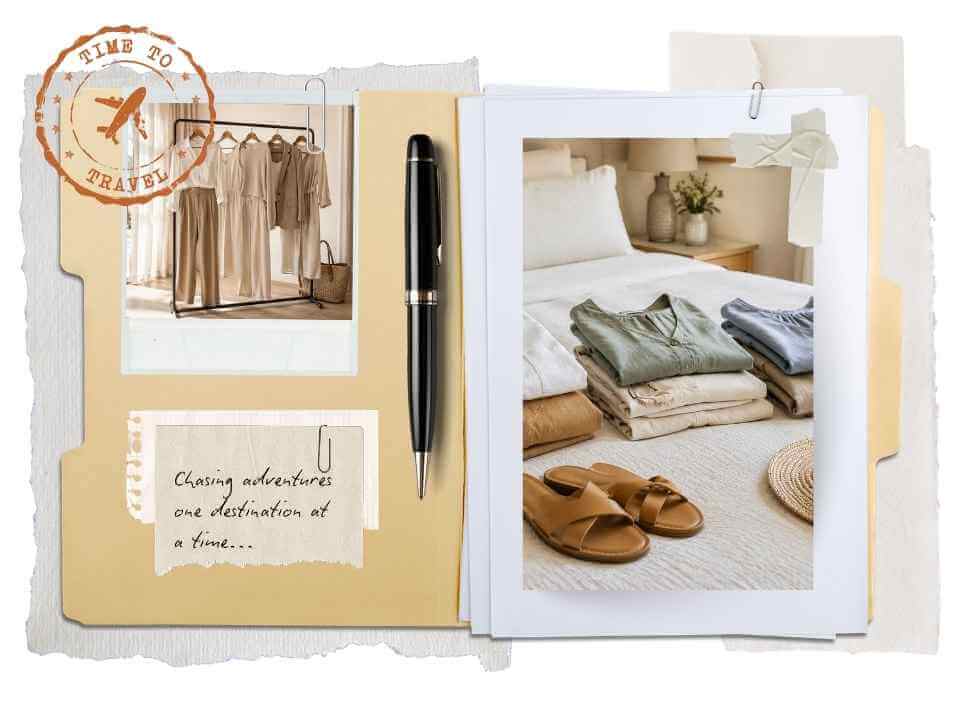 Folded travel clothing and sandals arranged on a bed