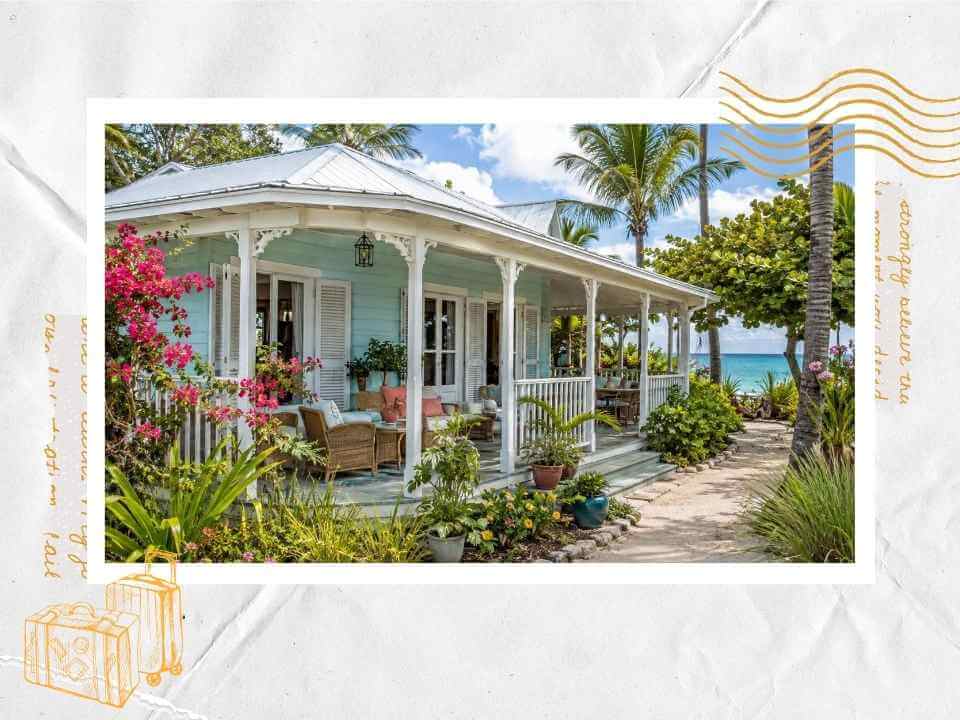 Beach cottage vacation rental with wraparound porch and palm trees