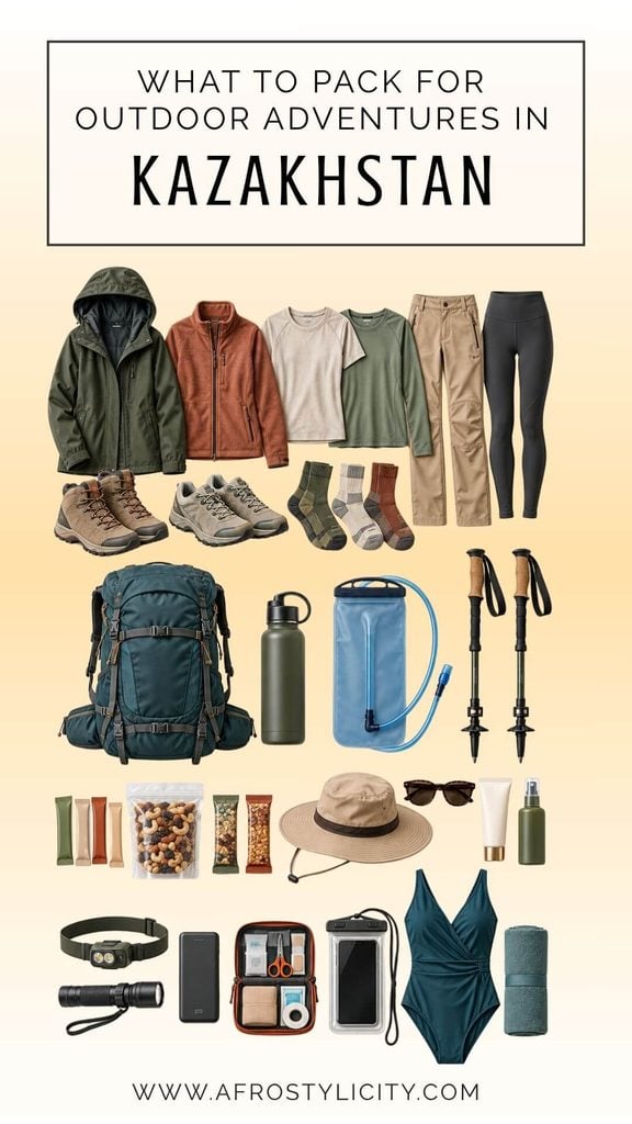 Central Asia outdoor adventure gear, including hiking clothes, trail shoes, a daypack, hydration reservoir, trekking poles, sun protection and safety essentials.