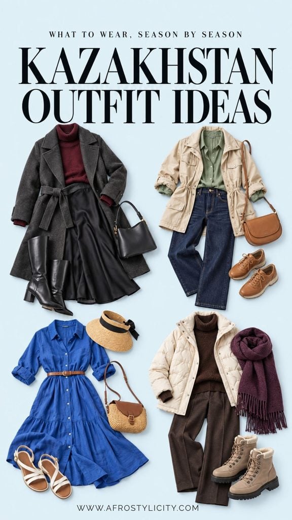 Four seasonal Kazakhstan outfit ideas featuring a charcoal coat and skirt, a light jacket with jeans, a blue shirt dress, and a quilted winter jacket.