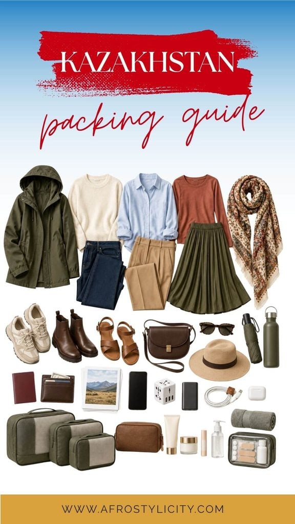 Kazakhstan travel essentials featuring layered clothing, walking shoes, sandals, a crossbody bag, documents, electronics, packing cubes and toiletries.