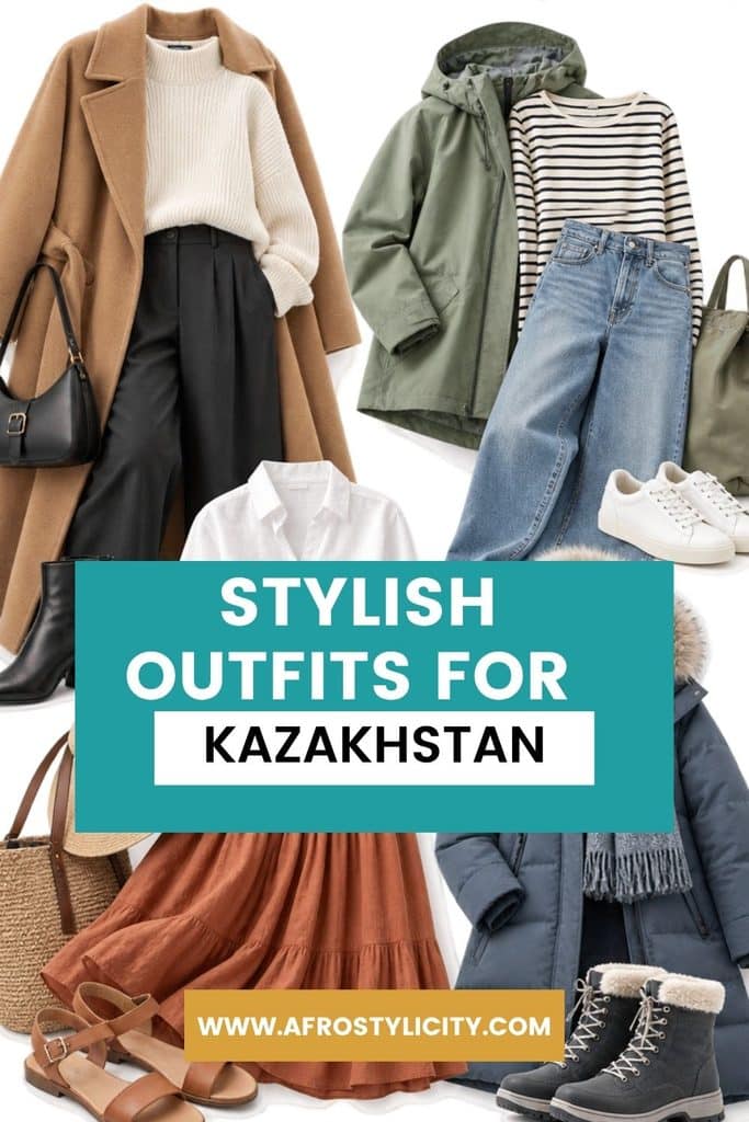 Collage of Kazakhstan outfit ideas for every season, including a camel coat, rain jacket, summer midi skirt, and winter parka beneath the title “Stylish Outfits for Kazakhstan.
