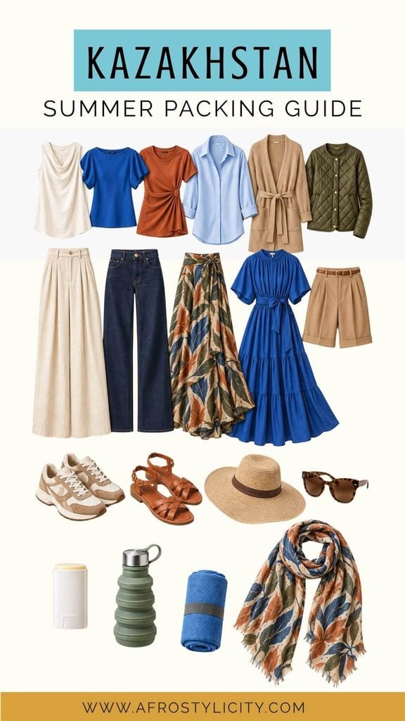 Stylish Central Asia summer packing essentials, including breathable tops, lightweight trousers, a dress, skirt, walking shoes, sandals, sun hat, scarf and cooling towel.