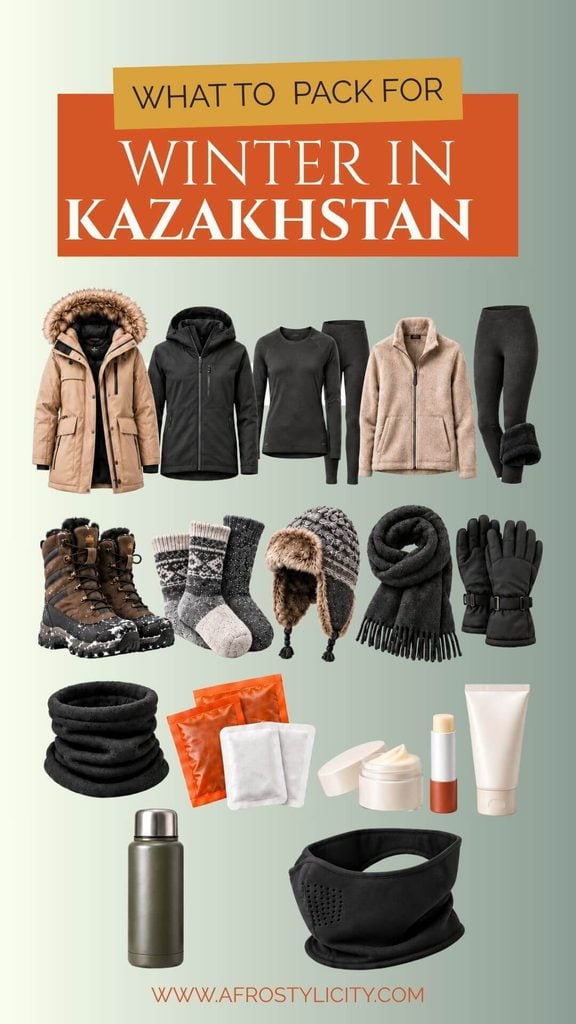  winter packing essentials, including an insulated coat, thermal layers, snow boots, wool socks, gloves, scarf, hand warmers and winter skincare.