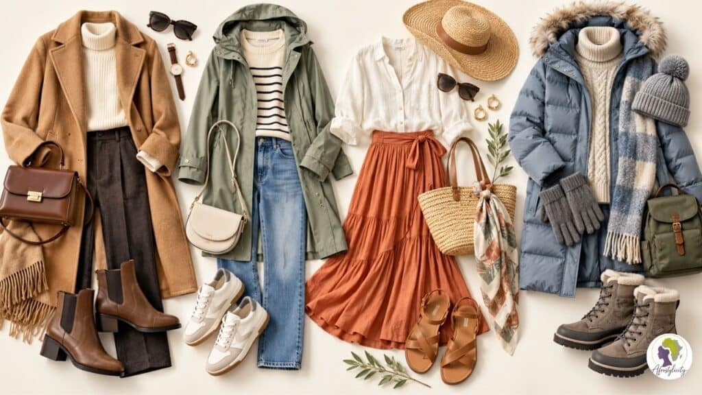 Collage of Kazakhstan travel outfits for different seasons, including a camel coat and ankle boots, a rain jacket and sneakers, a linen shirt and midi skirt, and a winter parka with snow boots.