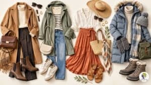 Collage of Kazakhstan travel outfits for different seasons, including a camel coat and ankle boots, a rain jacket and sneakers, a linen shirt and midi skirt, and a winter parka with snow boots.