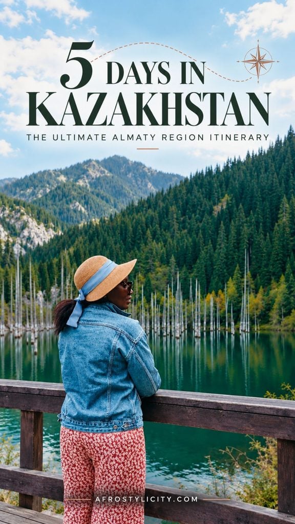 Woman overlooking the submerged forest at Kaindy Lake on a Pinterest pin promoting a five-day Kazakhstan itinerary through the Almaty Region.