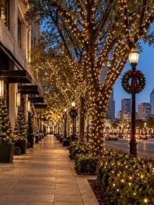 Dallas streetscape lined with illuminated trees, Christmas wreaths and festive storefront decorations.
