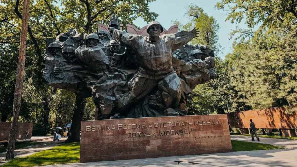 Monumental bronze soldiers of the Feat sculpture at the Memorial of Glory in Almaty’s Panfilov Park.