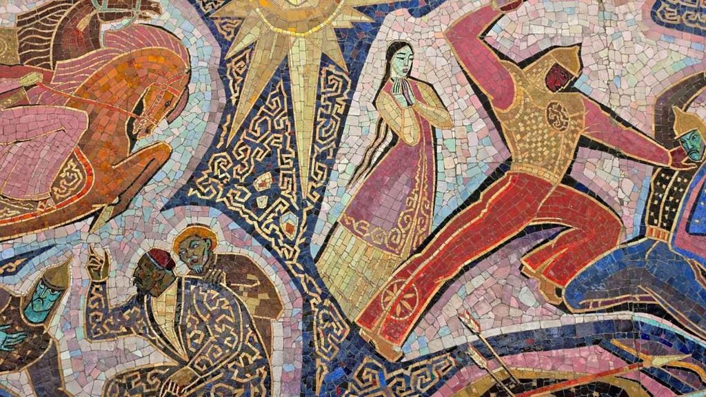 Colorful mosaic depicting figures in traditional Kazakh clothing, musicians, horses and ornamental patterns at the Almaty Hotel.